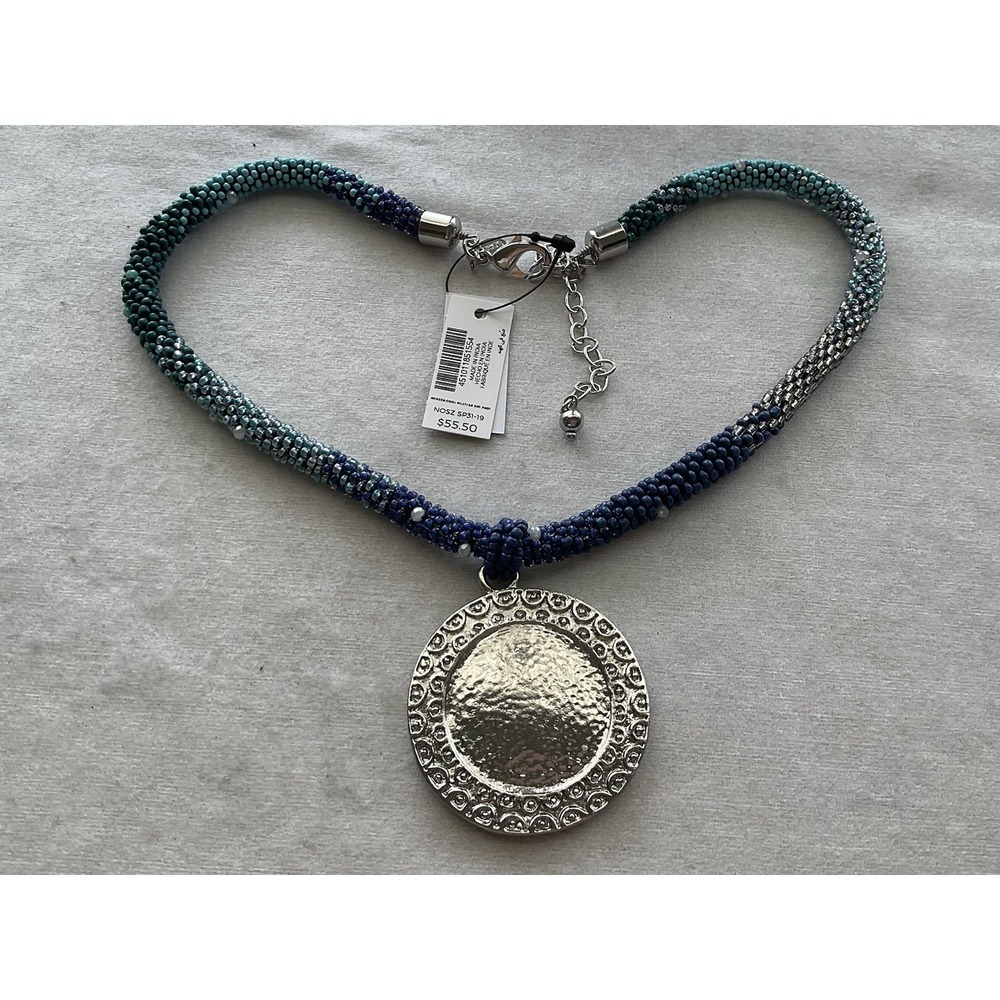 Chicos Seeded Bead Necklace Silver Tone Hammered Pendant Estate Jewelry